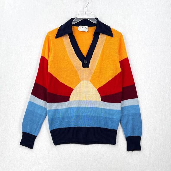 VINTAGE 70s Rainbow Sweater Mens Long Sleeve Polo California Dreamin COLLEGE MAN - Picture 1 of 16